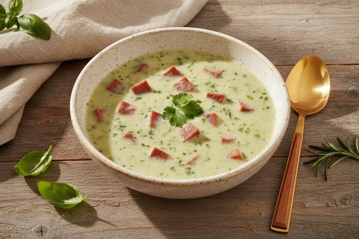 Caldo de mandioquinha com calabresa e couve