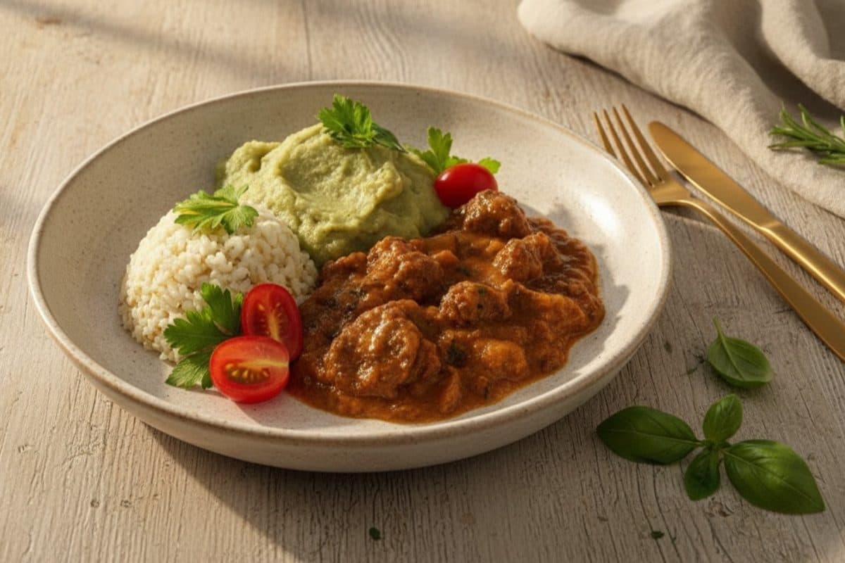Carne de panela, arroz integral e purê de batata doce