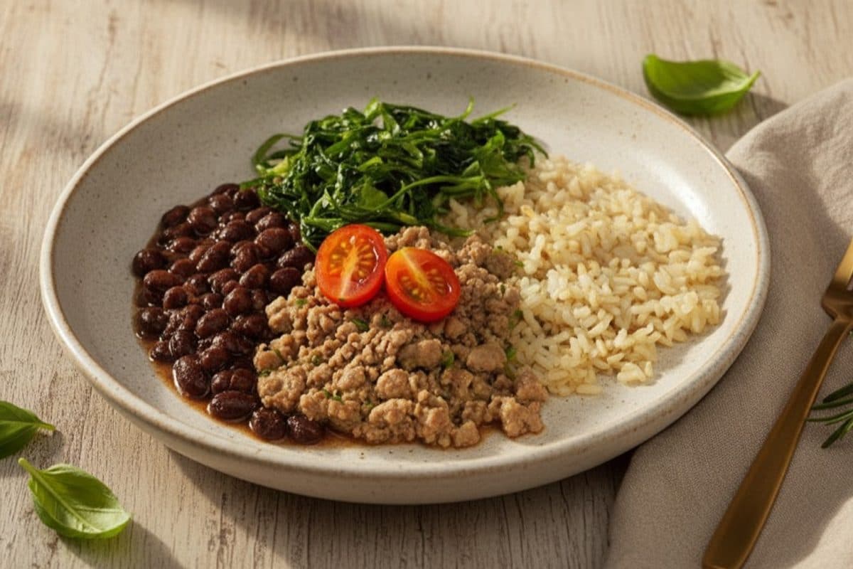 Carne moída, arroz integral, feijão preto e couve