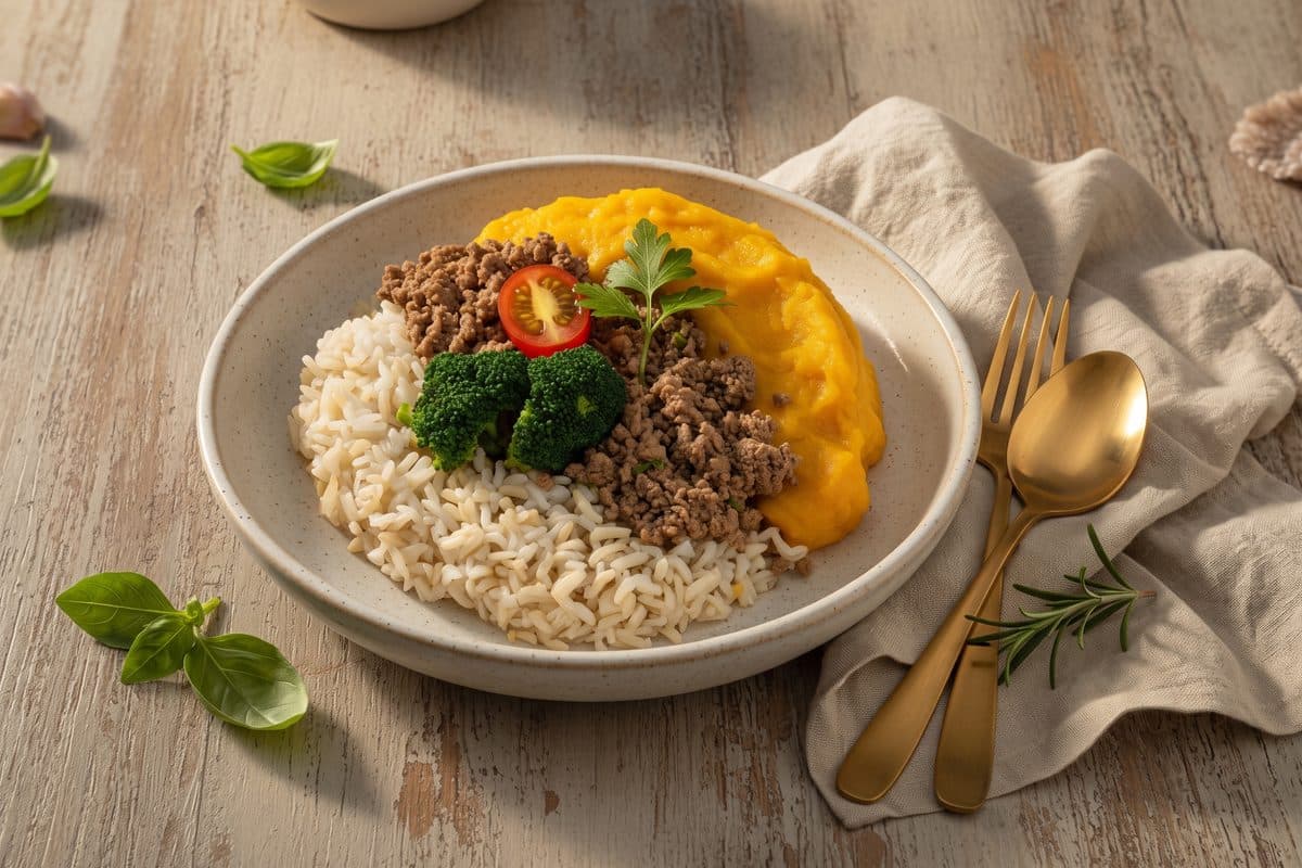 Carne moída, arroz integral, purê de abóbora e brócolis