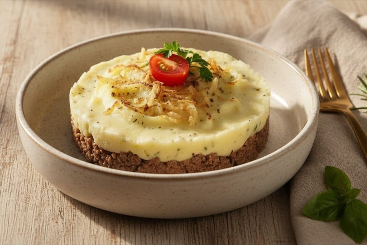 Escondidinho de carne moída com purê de aipim