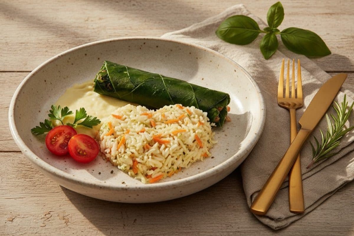 Fraldinha desfiada com couve, arroz branco com cenoura e creme de milho