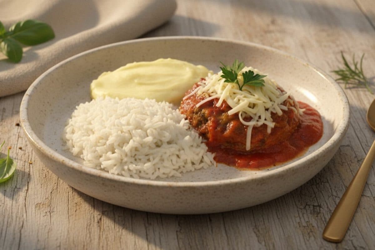 Frango à parmegiana, arroz branco e purê de batata