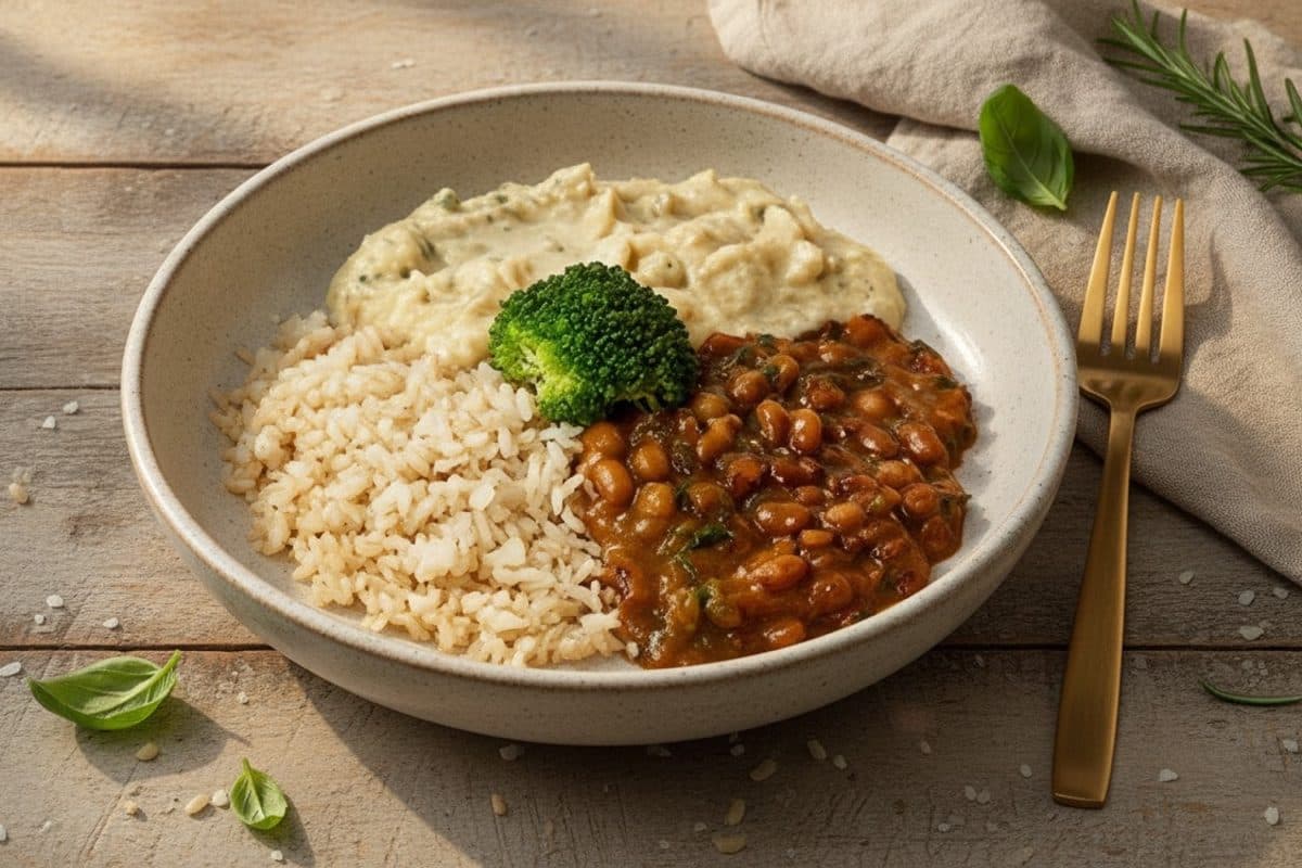 Frango com milho, arroz integral, feijão carioca e brócolis