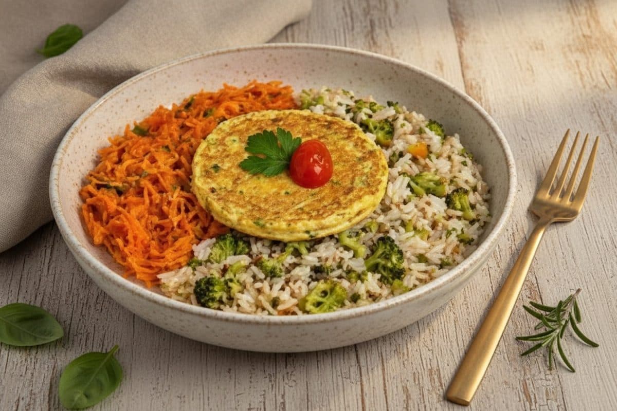Frango desfiado, arroz branco com brócolis e panqueca de couve-flor