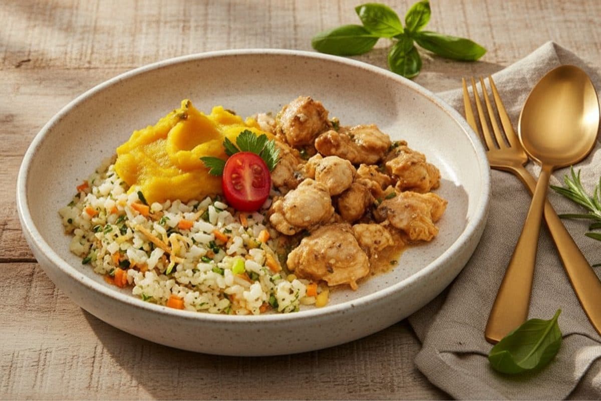 Frango ensopado, arroz integral com cenoura e couve, purê de abóbora