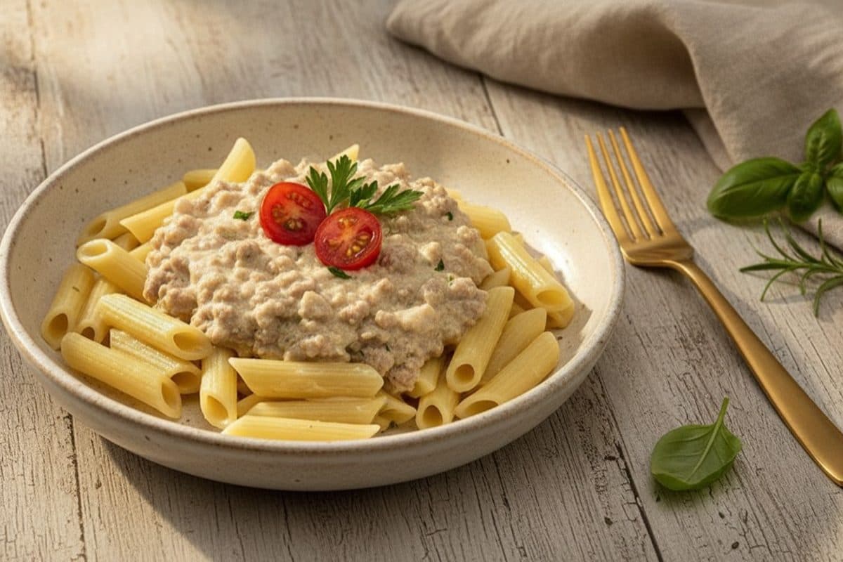 Macarrão ao molho branco com frango e calabresa