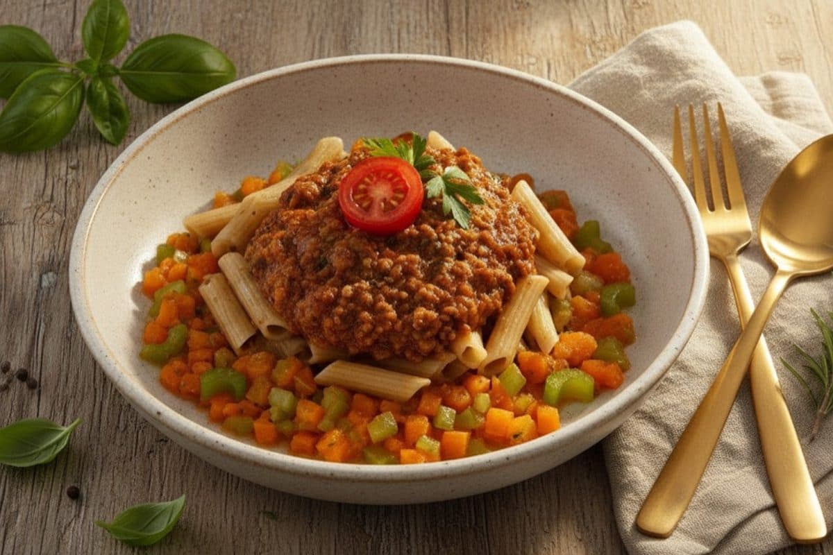 Macarrão integral à bolonhesa com mix de legumes