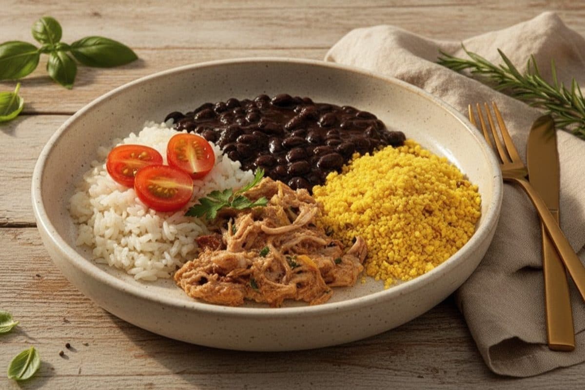 Pernil desfiado, arroz branco, feijão preto e farofa temperada