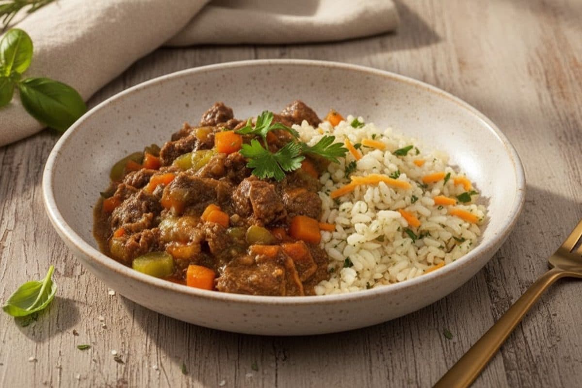 Ragu de carne com arroz integral à grega