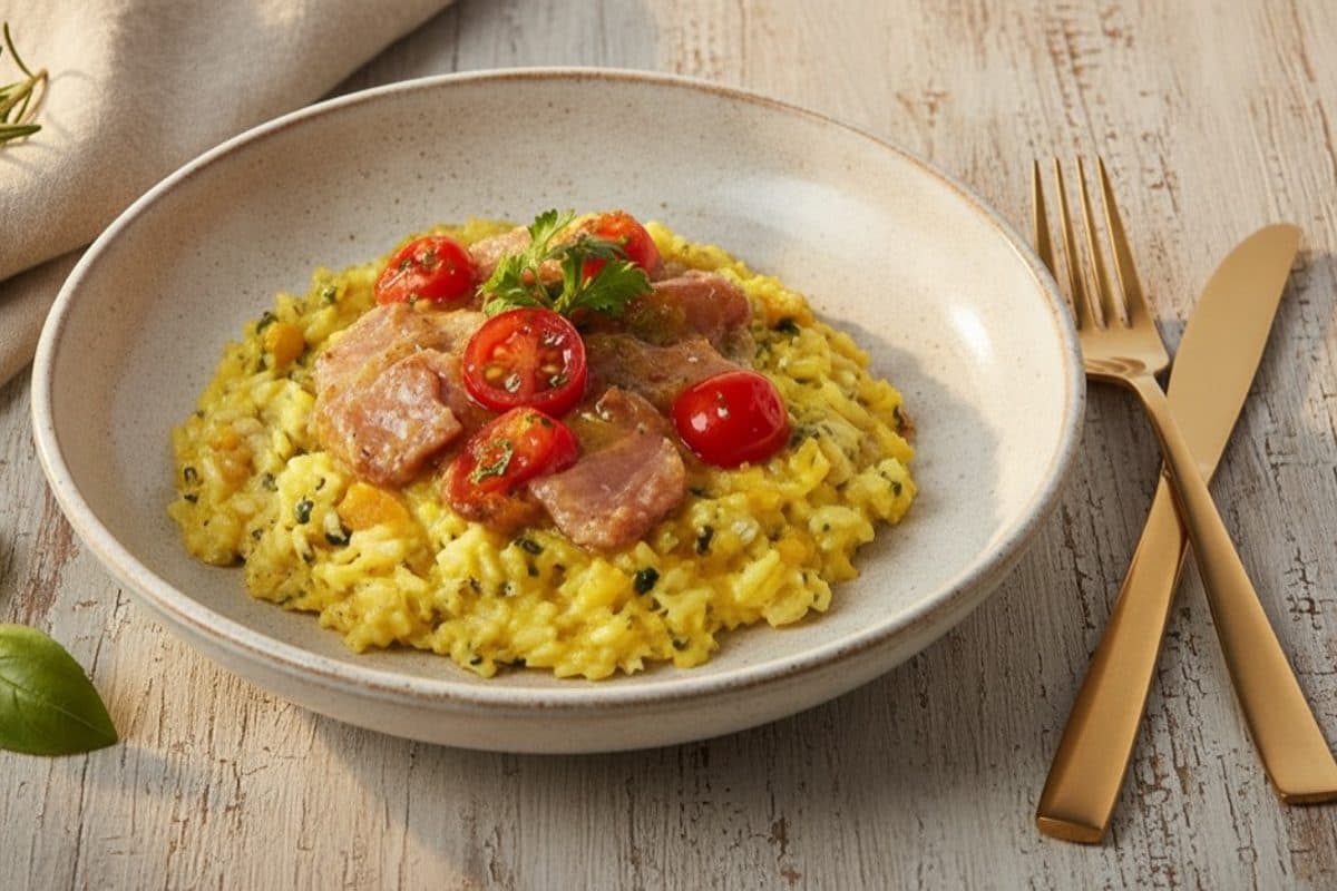 Risoto de abóbora com pernil desfiado (arroz branco)