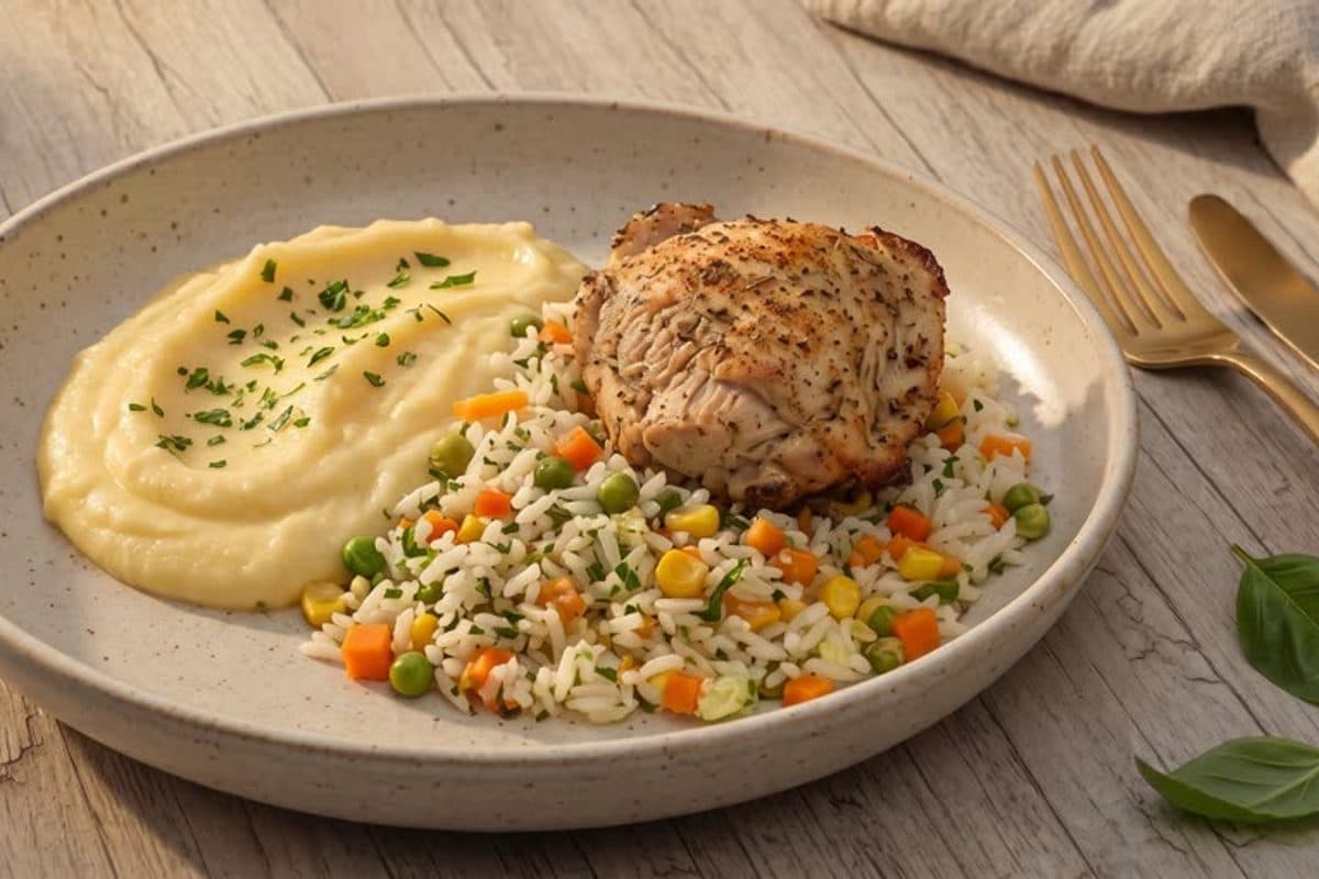 Sobrecoxa assada, arroz branco à grega e purê de mandioquinha