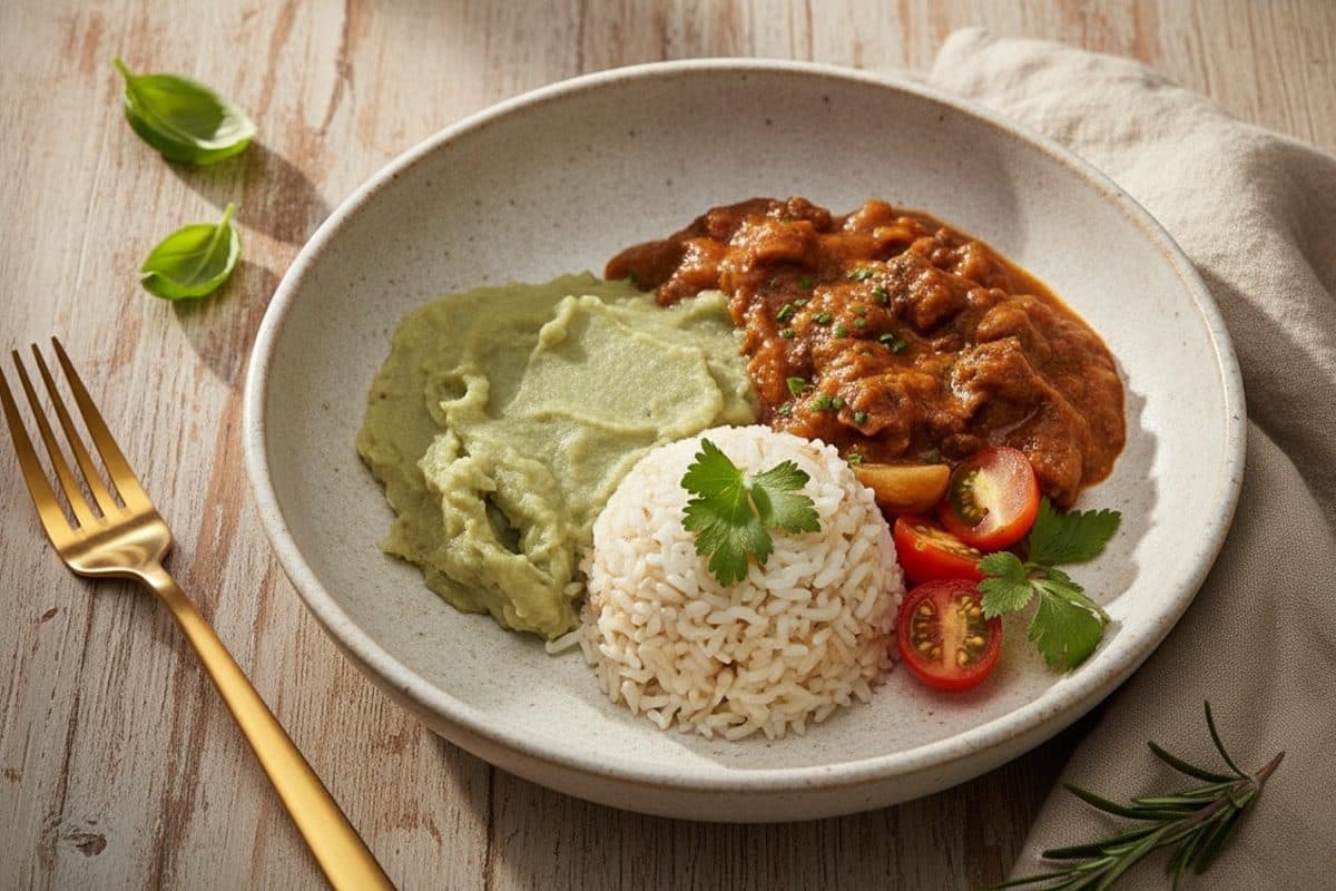 Strogonoff de carne, arroz integral e purê de batata doce