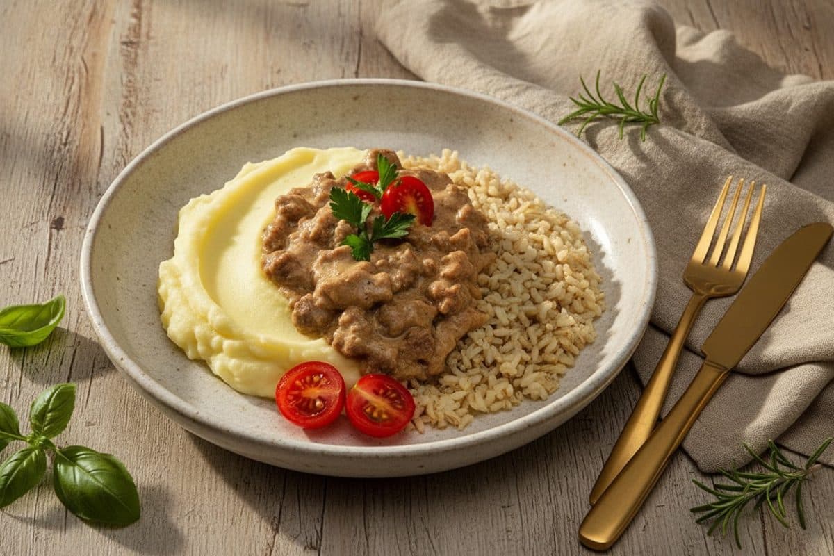 Strogonoff de frango, arroz integral e purê de batata inglesa